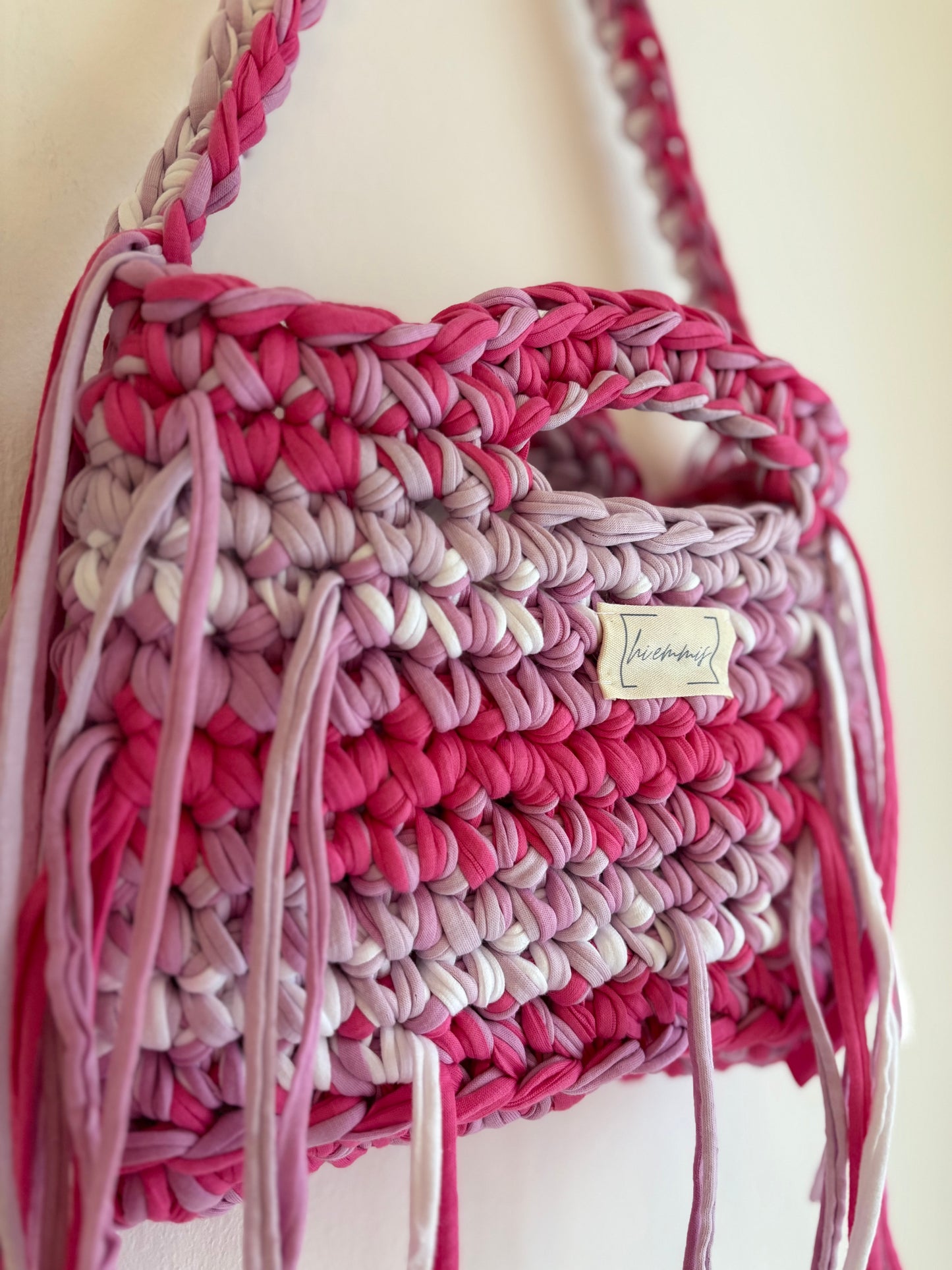 Crochet Bag ,LINE‘ • Häkeltasche • Fransen • Lila Weiß Rosé Pink