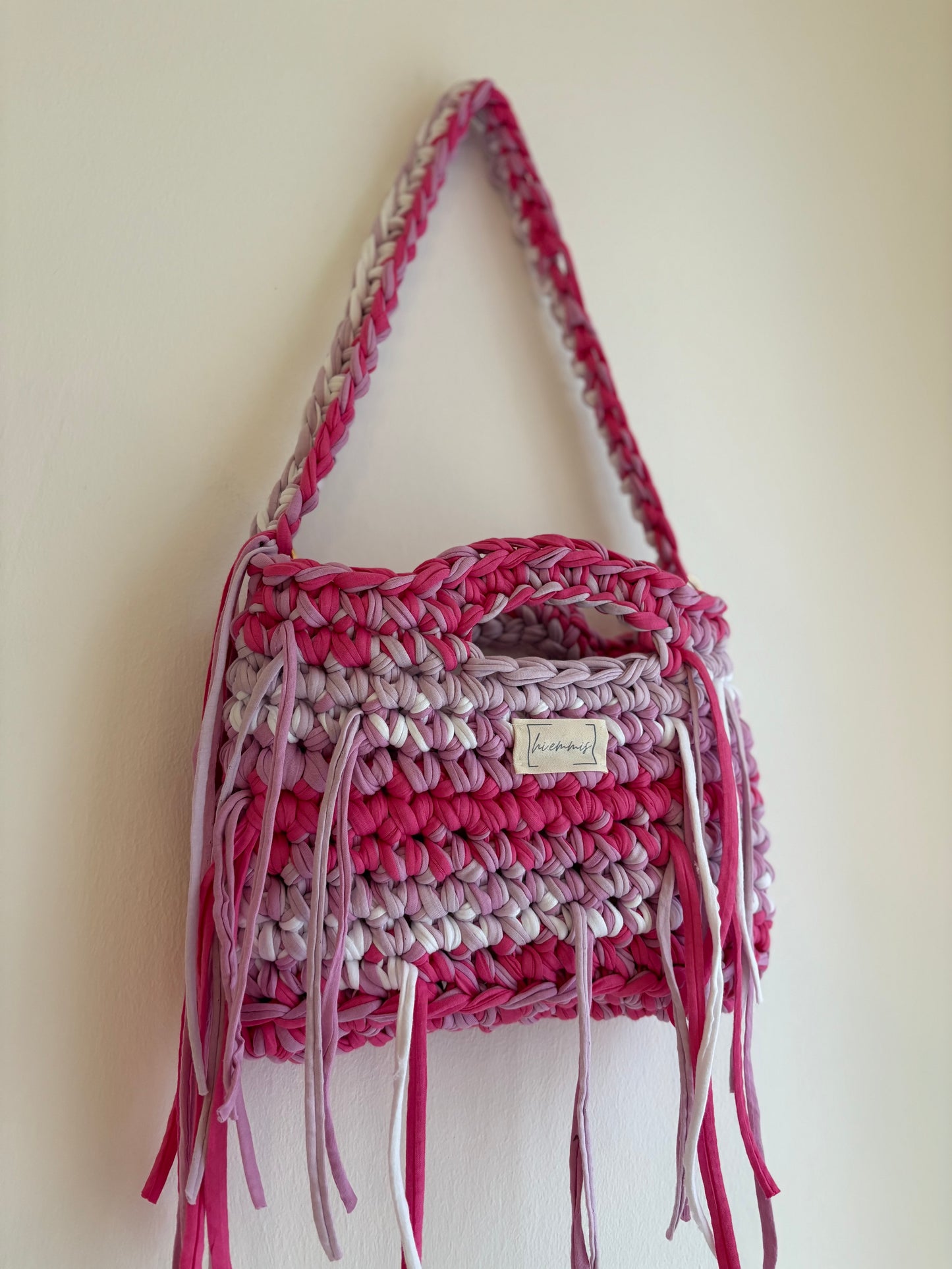 Crochet Bag ,LINE‘ • Häkeltasche • Fransen • Lila Weiß Rosé Pink
