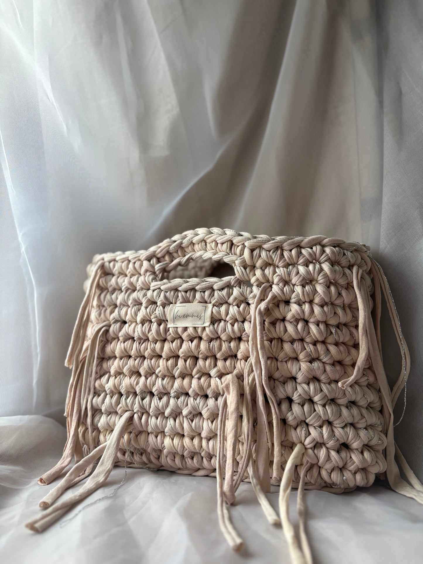 Crochet Bag ,LINE‘ • Häkeltasche • Fransen • Beige mix