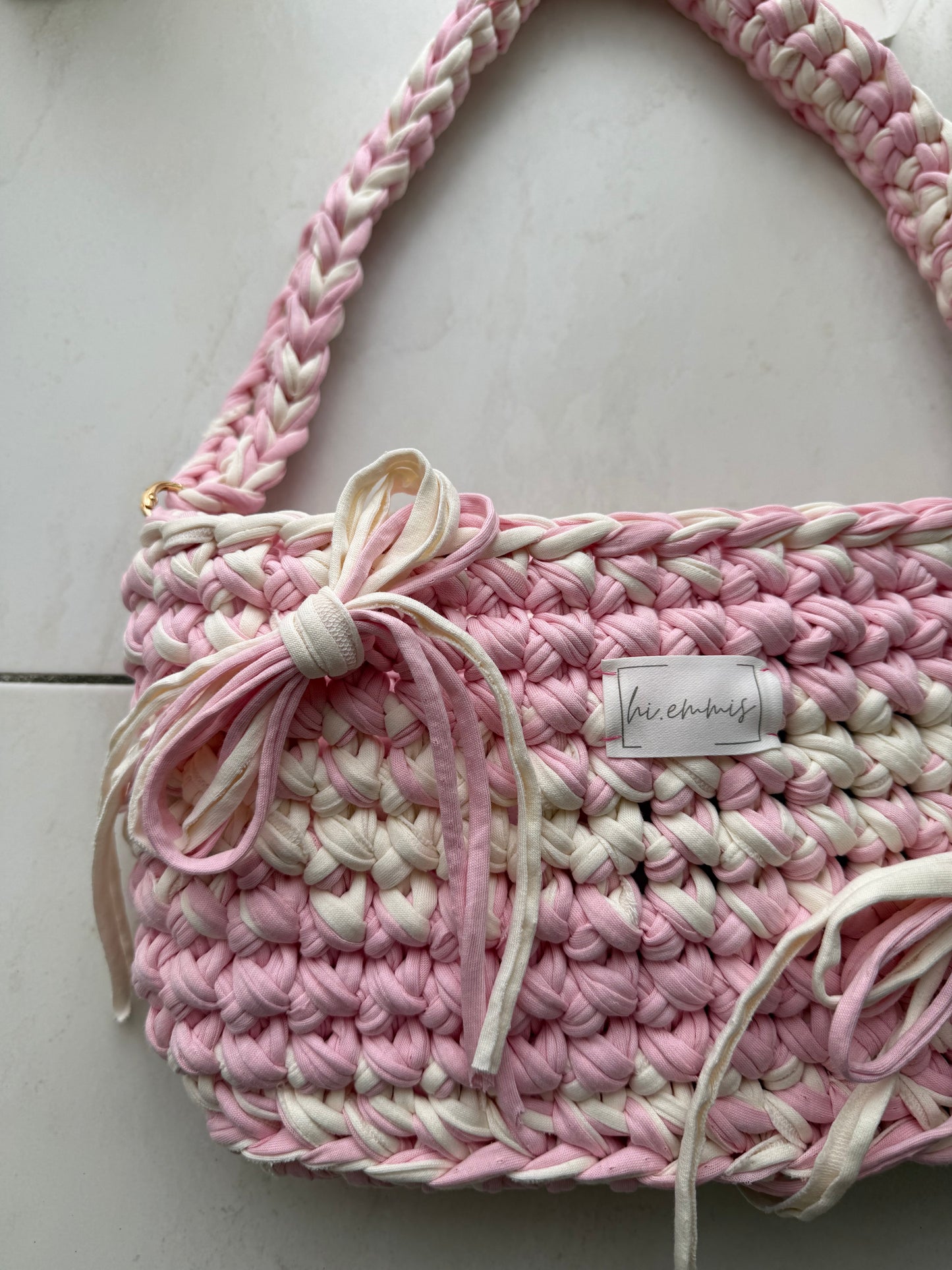 Crochet Bag ,ROMI‘ • Häkeltasche • Schleifen • Rosa Creme