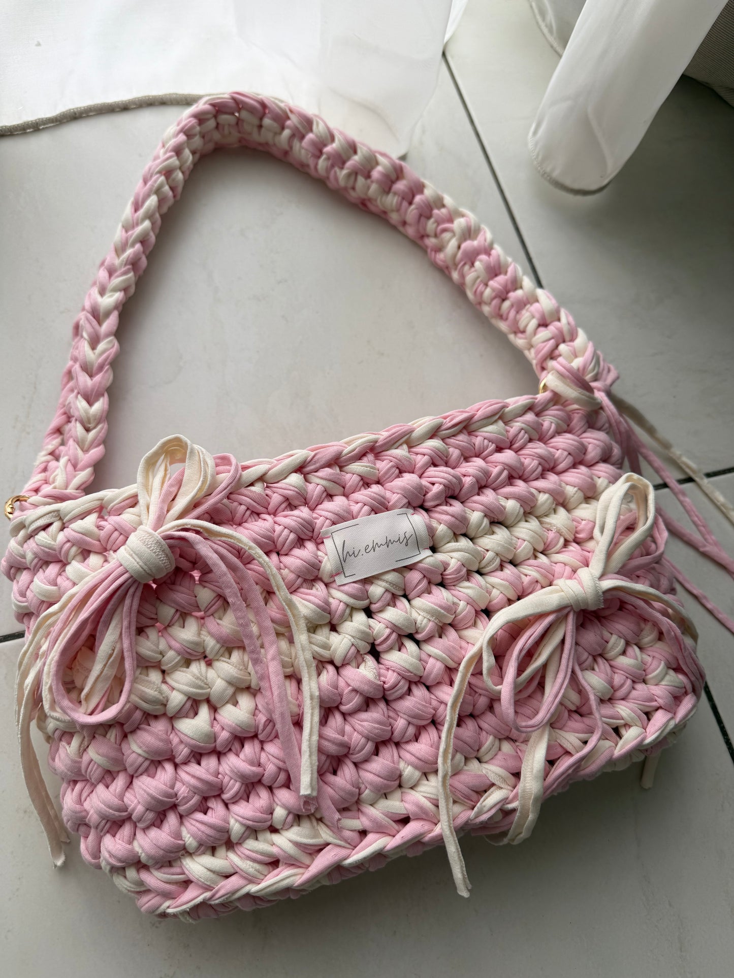 Crochet Bag ,ROMI‘ • Häkeltasche • Schleifen • Rosa Creme