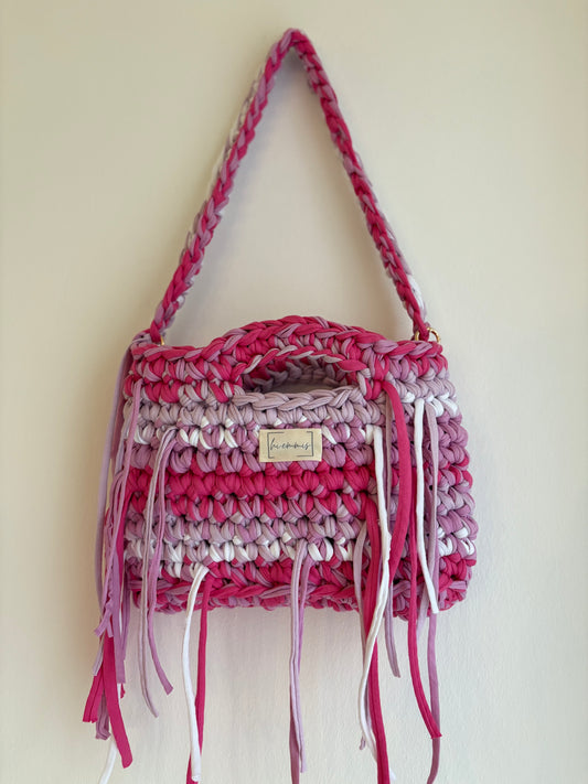 Crochet Bag ,LINE‘ • Häkeltasche • Fransen • Lila Weiß Rosé Pink