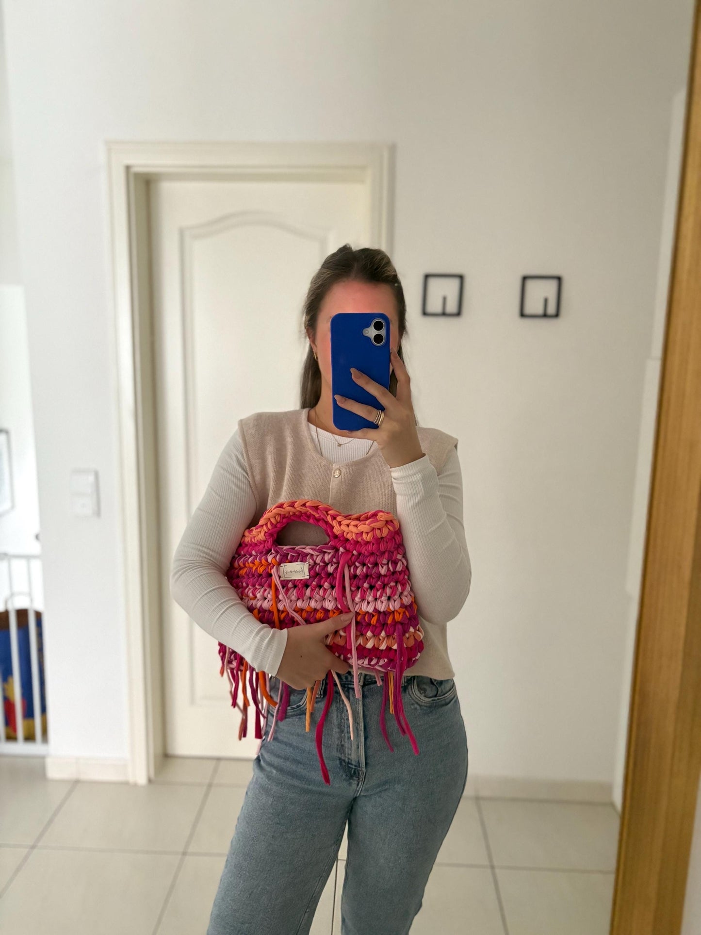 Crochet Bag ,LINE‘ • Häkeltasche • Fransen • Pink Orange