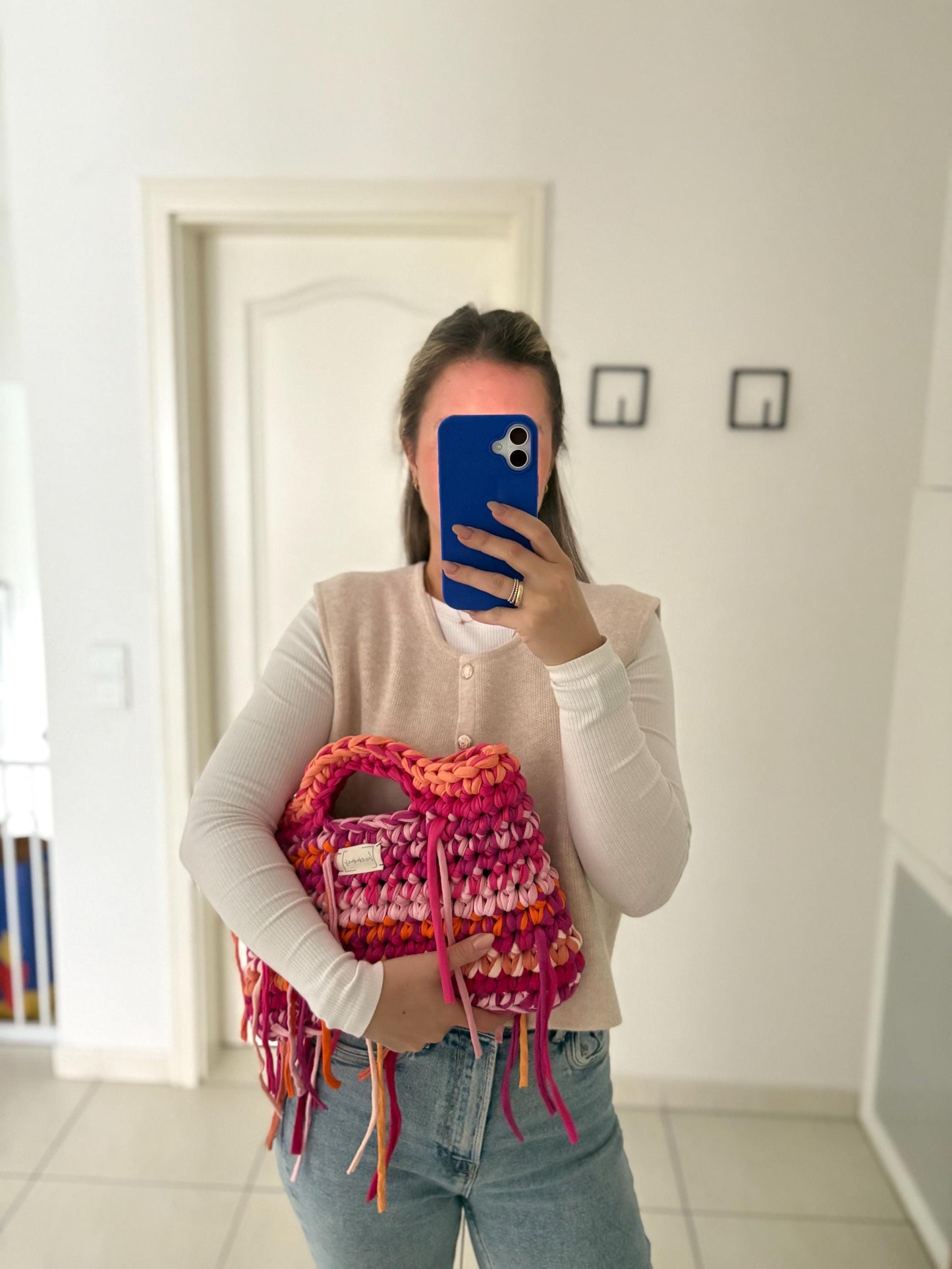 Crochet Bag ,LINE‘ • Häkeltasche • Fransen • Pink Orange
