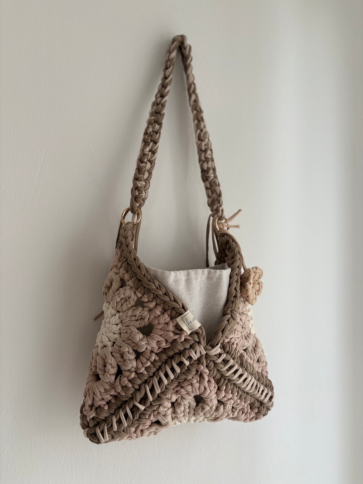 Crochet Bag ,HOBO‘ • Häkeltasche  • Beige • Innentasche