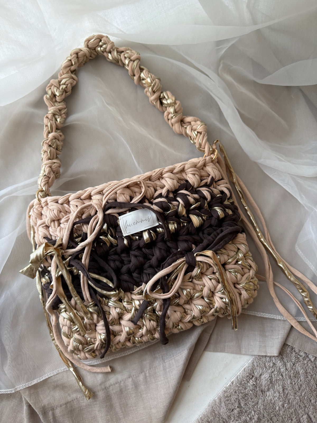 Crochet Bag ,Romi‘ NEU• Häkeltasche • Braun Mix Gold