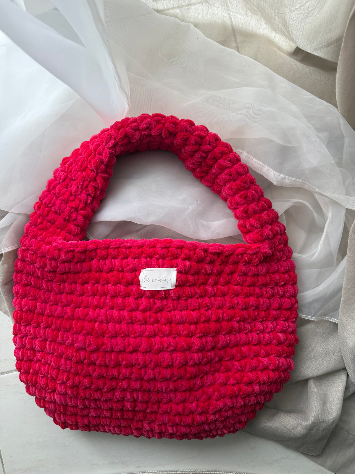 Crochet Bag ,EMMA‘ • Häkeltasche • Medium • Rot/Pink Plüsch