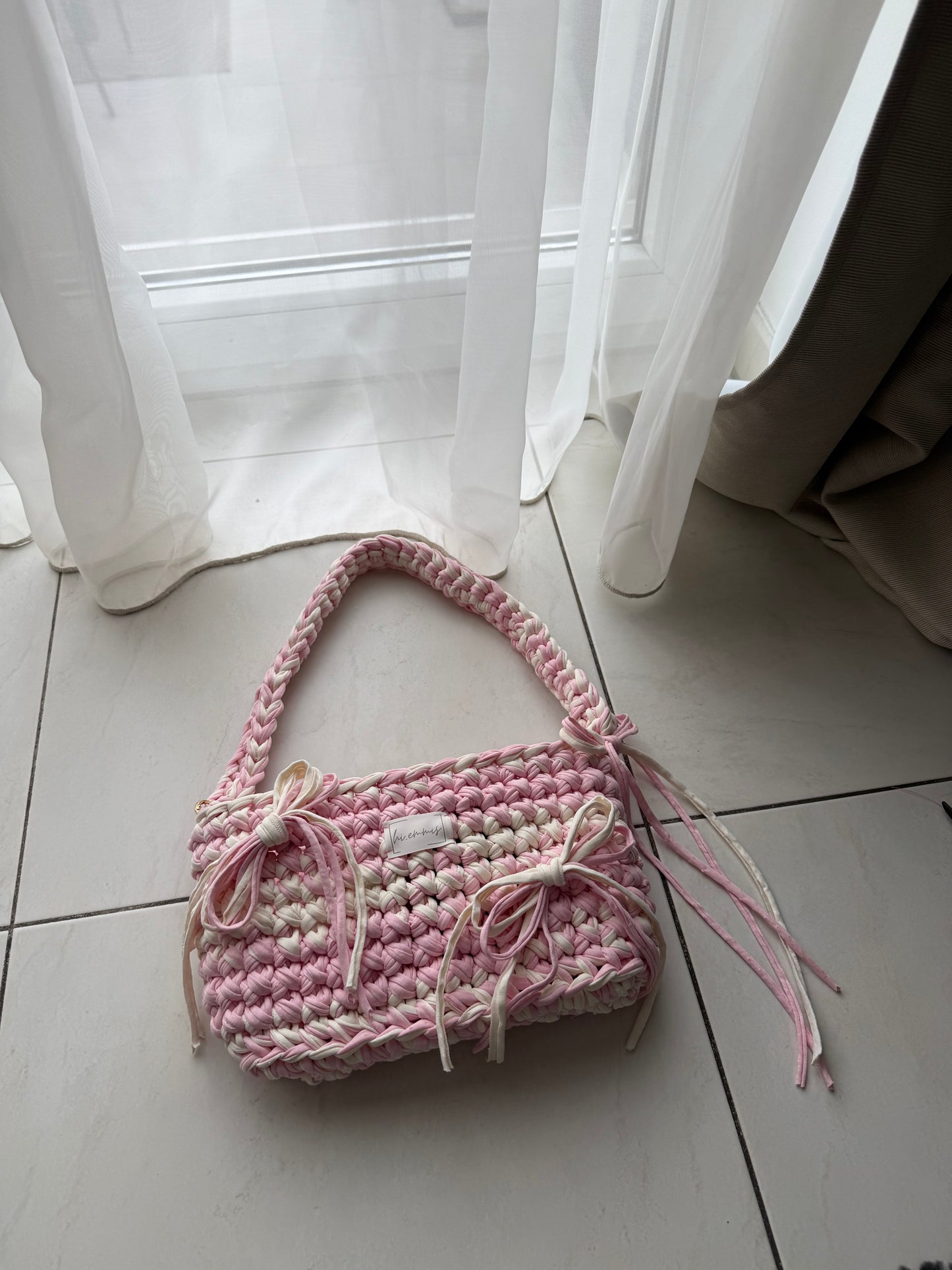 Crochet Bag ,ROMI‘ • Häkeltasche • Schleifen • Rosa Creme