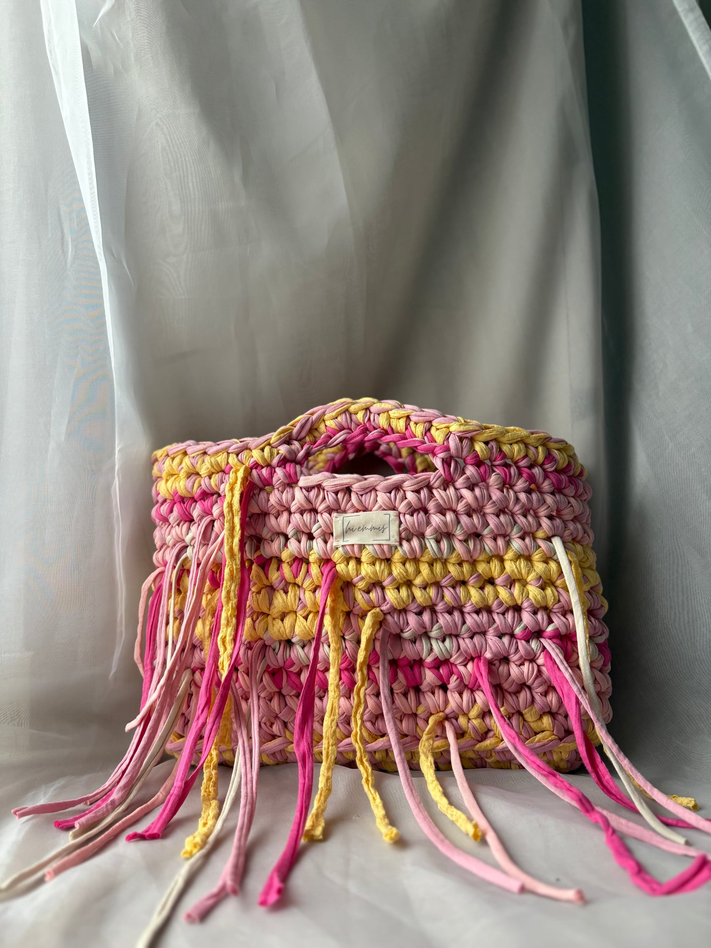 Crochet Bag ,LINE‘ • Häkeltasche • Fransen • Gelb Rosé Pink