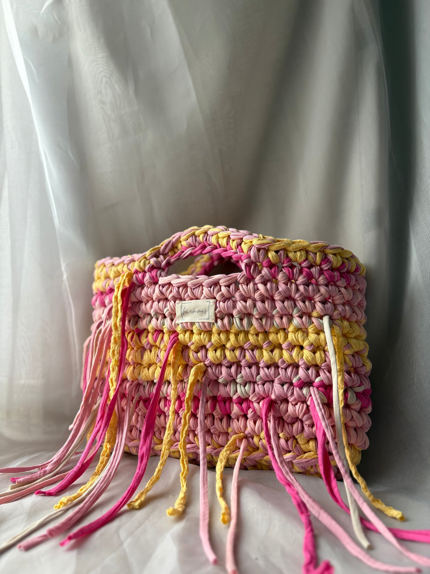 Crochet Bag ,LINE‘ • Häkeltasche • Fransen • Gelb Rosé Pink