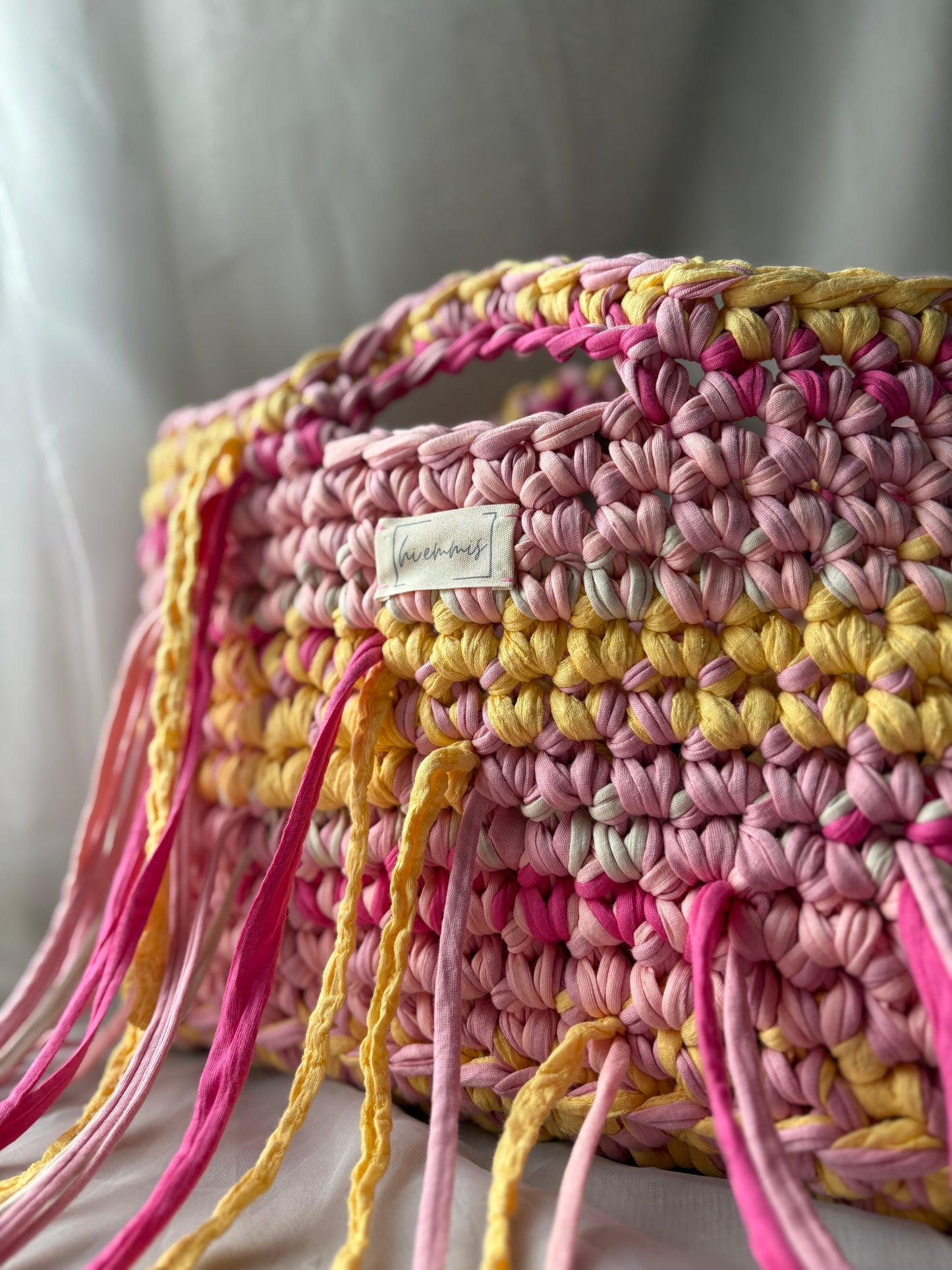 Crochet Bag ,LINE‘ • Häkeltasche • Fransen • Gelb Rosé Pink